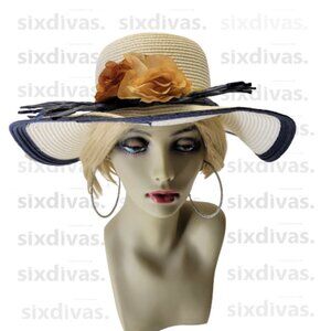 WHITE Paper Straw Hat Blue Trim Floral Embellish Wide Brim Sun Beach Hat